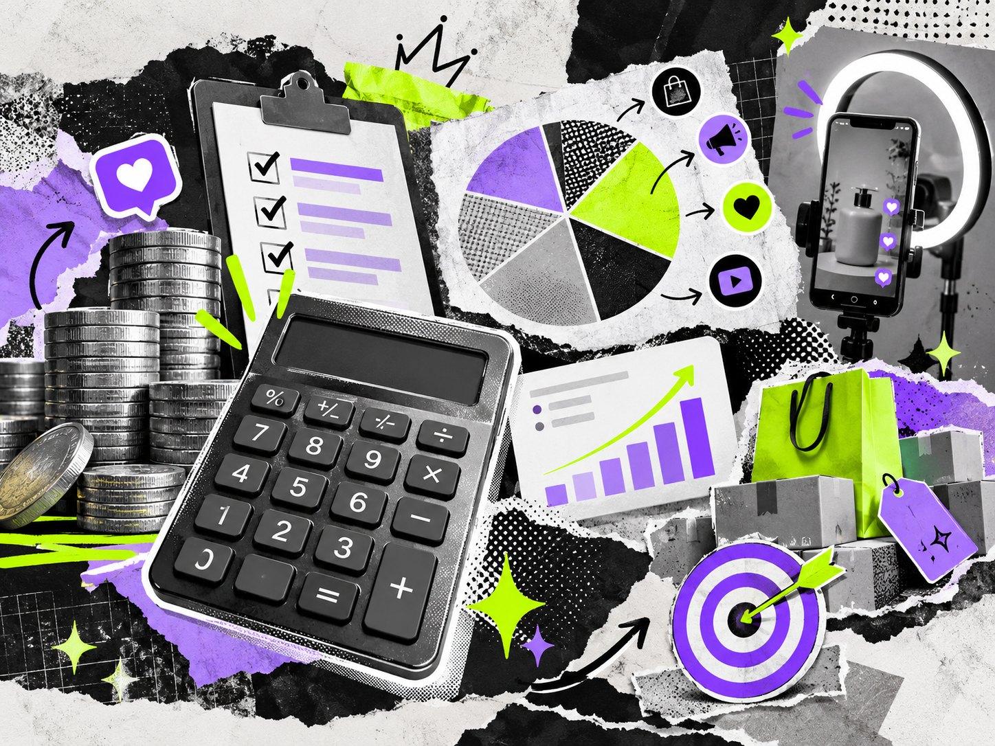 Hesap makinesi, madeni para yığınları, kontrol listesi, pasta grafik, yükselen bar grafik, hedef tahtası ve halka ışıklı telefondan oluşan bütçe kolajı