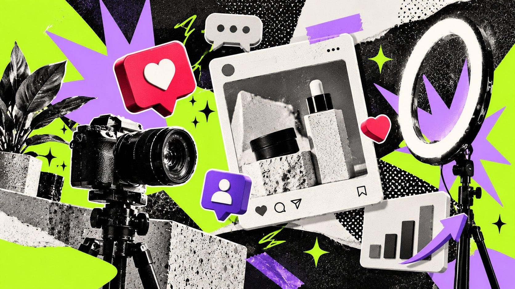 Tripoddaki fotoğraf makinesi, halka ışık ve cilt bakım ürünlerini gösteren bir gönderi; etrafında beğeni, takipçi ve büyüme grafiği ikonları