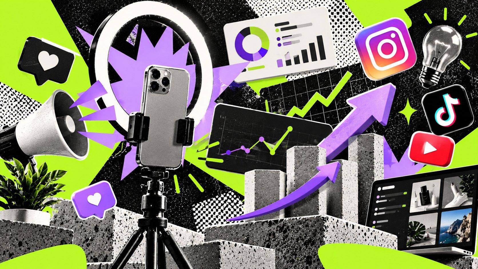 Halka ışığa takılı telefon, megafon, yükselen grafikler, veri panosu, Instagram, TikTok ve YouTube ikonları ve bir ampulden oluşan trend kolajı