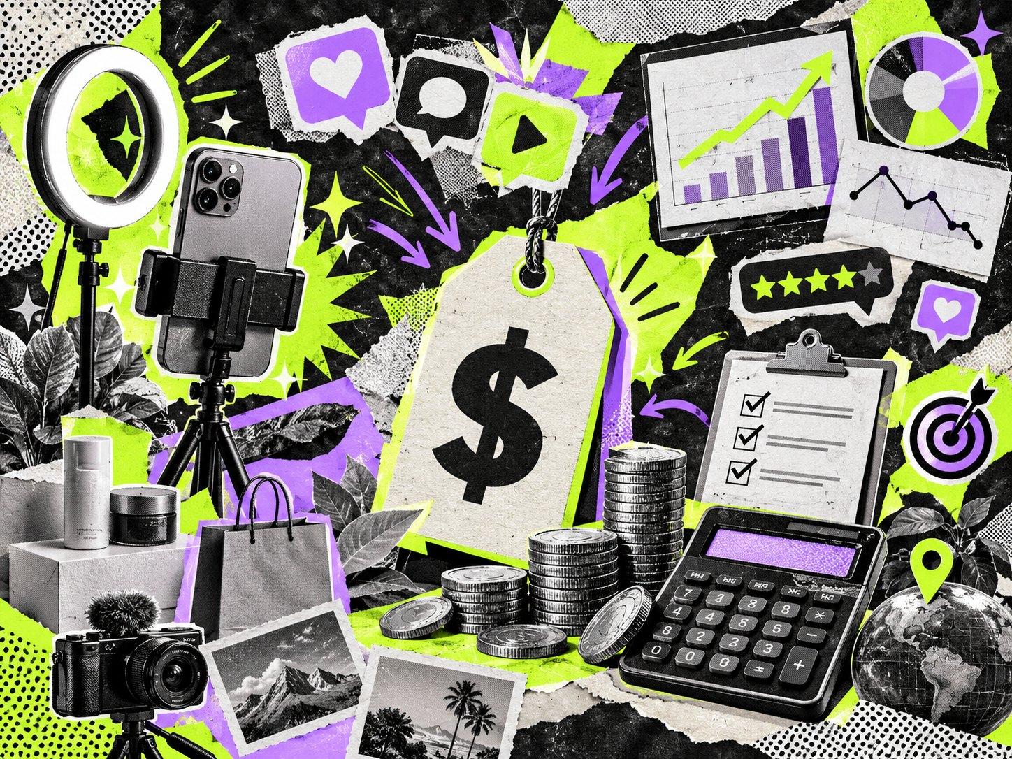 Fiyat etiketi, madeni para yığınları, hesap makinesi, kontrol listesi, grafikler, halka ışık ve telefondan oluşan bütçe kolajı