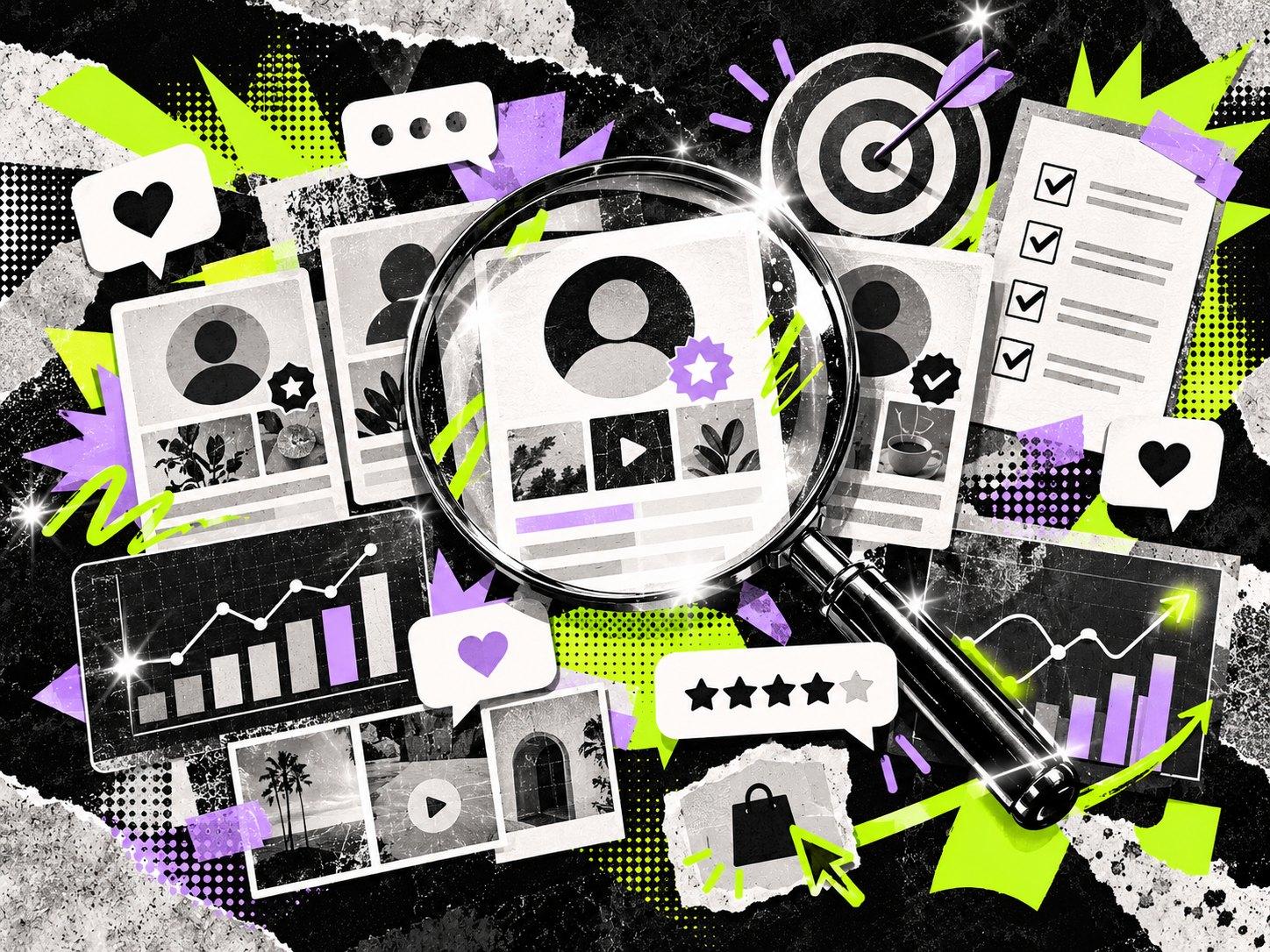 Büyüteçle incelenen kreatör profil kartları; etrafında hedef tahtası, kontrol listesi, yıldız puanı ve büyüme grafikleri