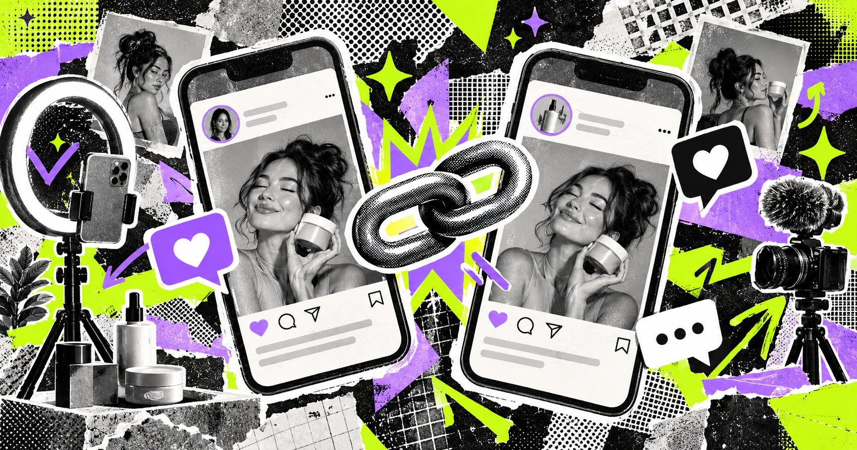 Bir marka ve bir kreatörün profilinde aynı anda görünen Instagram ortak gönderisini gösteren iki telefon ekranı